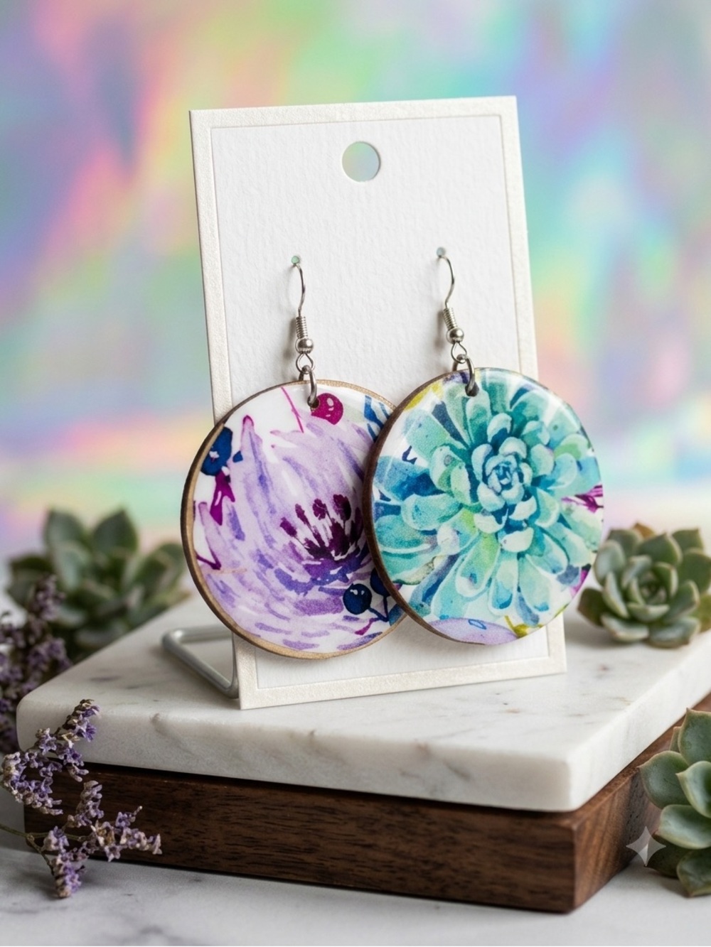 New - Floral Succulent Lavender Reversible Wood Disc Earrings - Teal & Purple